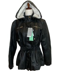 NWT Cavalini Faux Leather with Hood Jacket Black Size PM